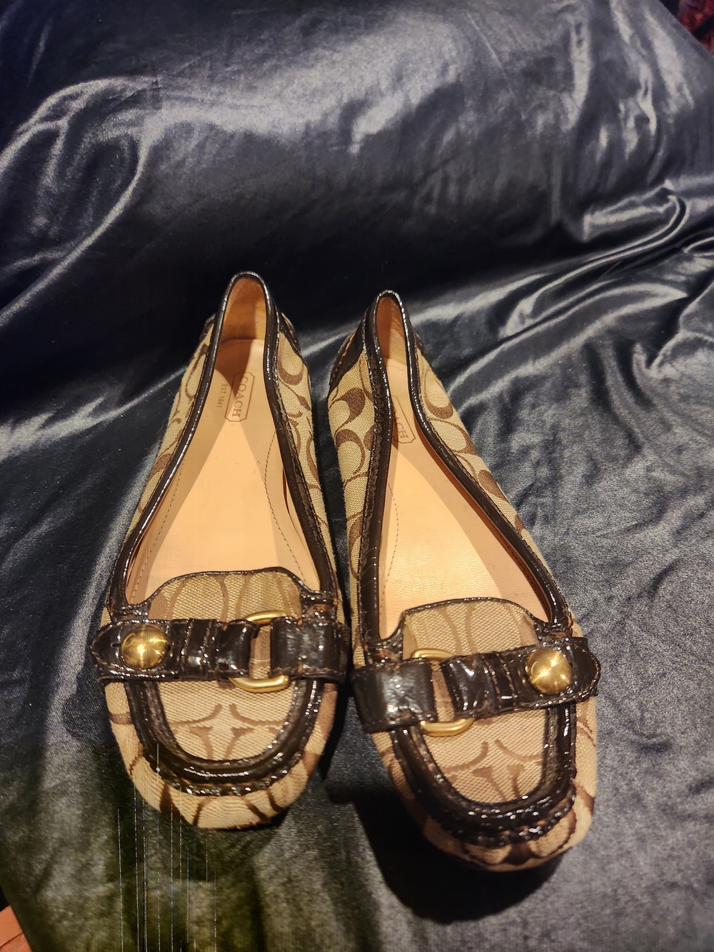 Coach Signature Canvas  and Brown Patent Trim Helen Loafers with Gold Hardware